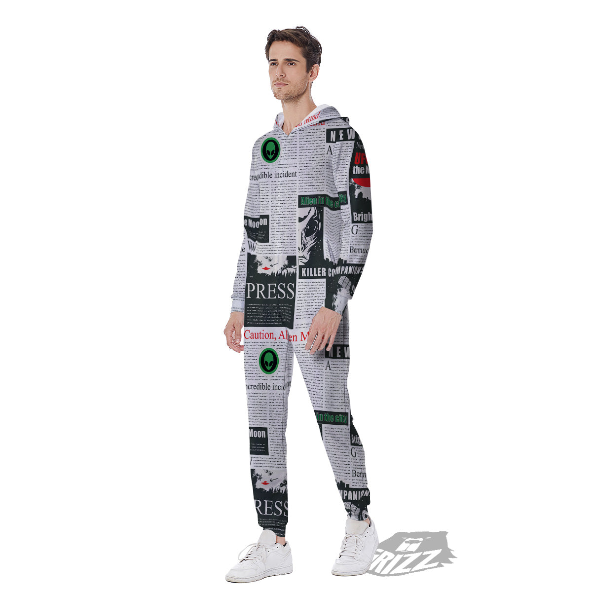 Newspaper Headlines Alien Print Pattern Men's Jumpsuit-grizzshop