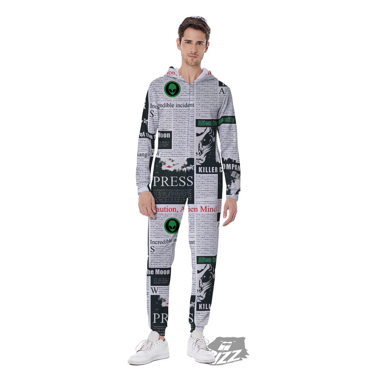 Newspaper Headlines Alien Print Pattern Men's Jumpsuit-grizzshop
