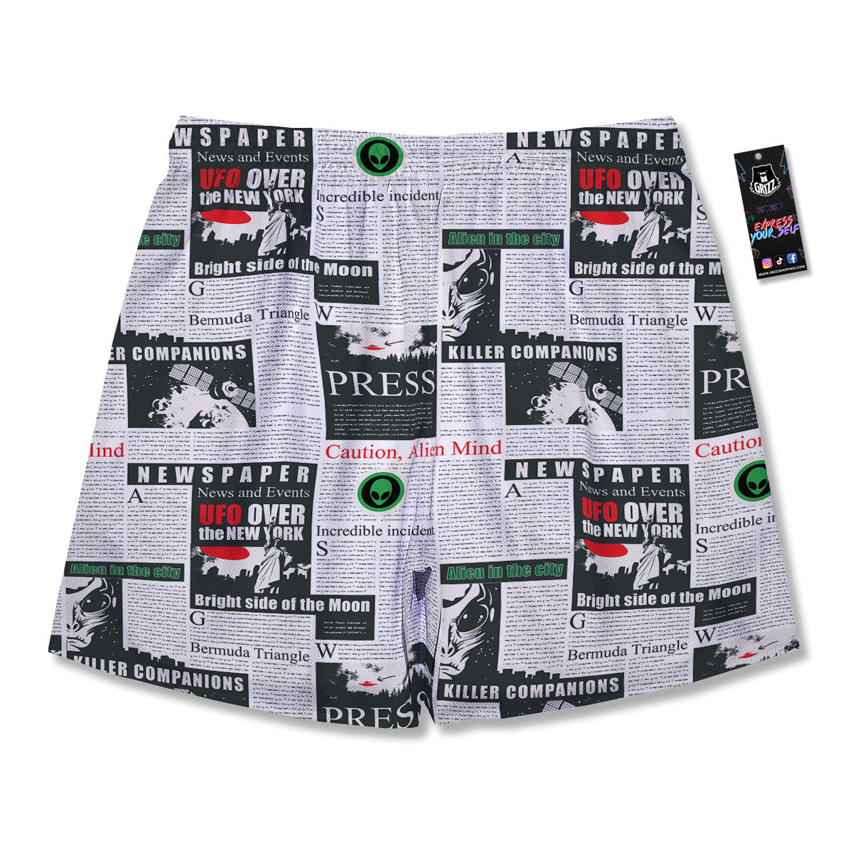 Newspaper Headlines Alien Print Pattern Men's Running Shorts-grizzshop