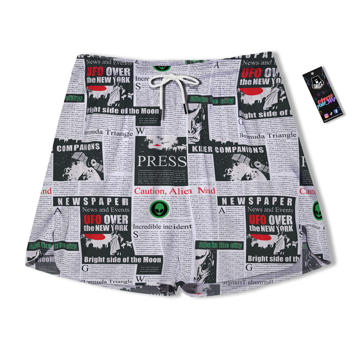 Newspaper Headlines Alien Print Pattern Men's Running Shorts-grizzshop