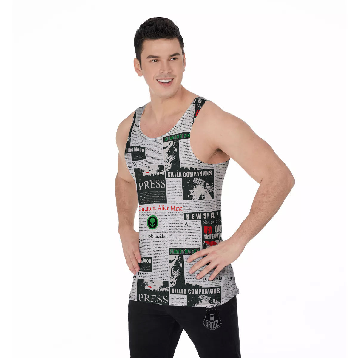 Newspaper Headlines Alien Print Pattern Men's Tank Top-grizzshop