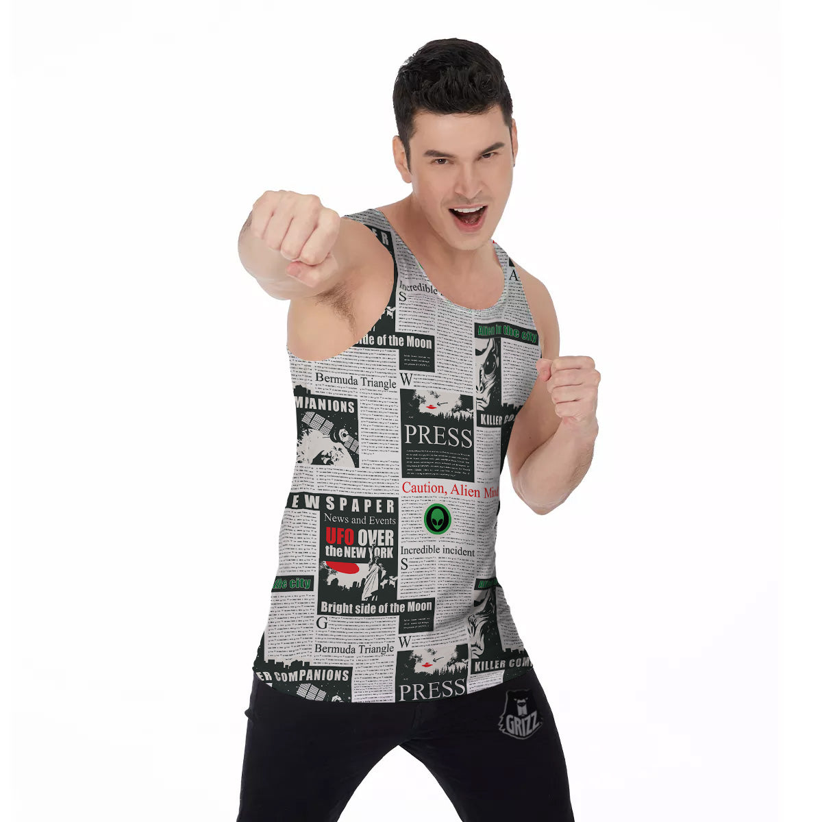 Newspaper Headlines Alien Print Pattern Men's Tank Top-grizzshop