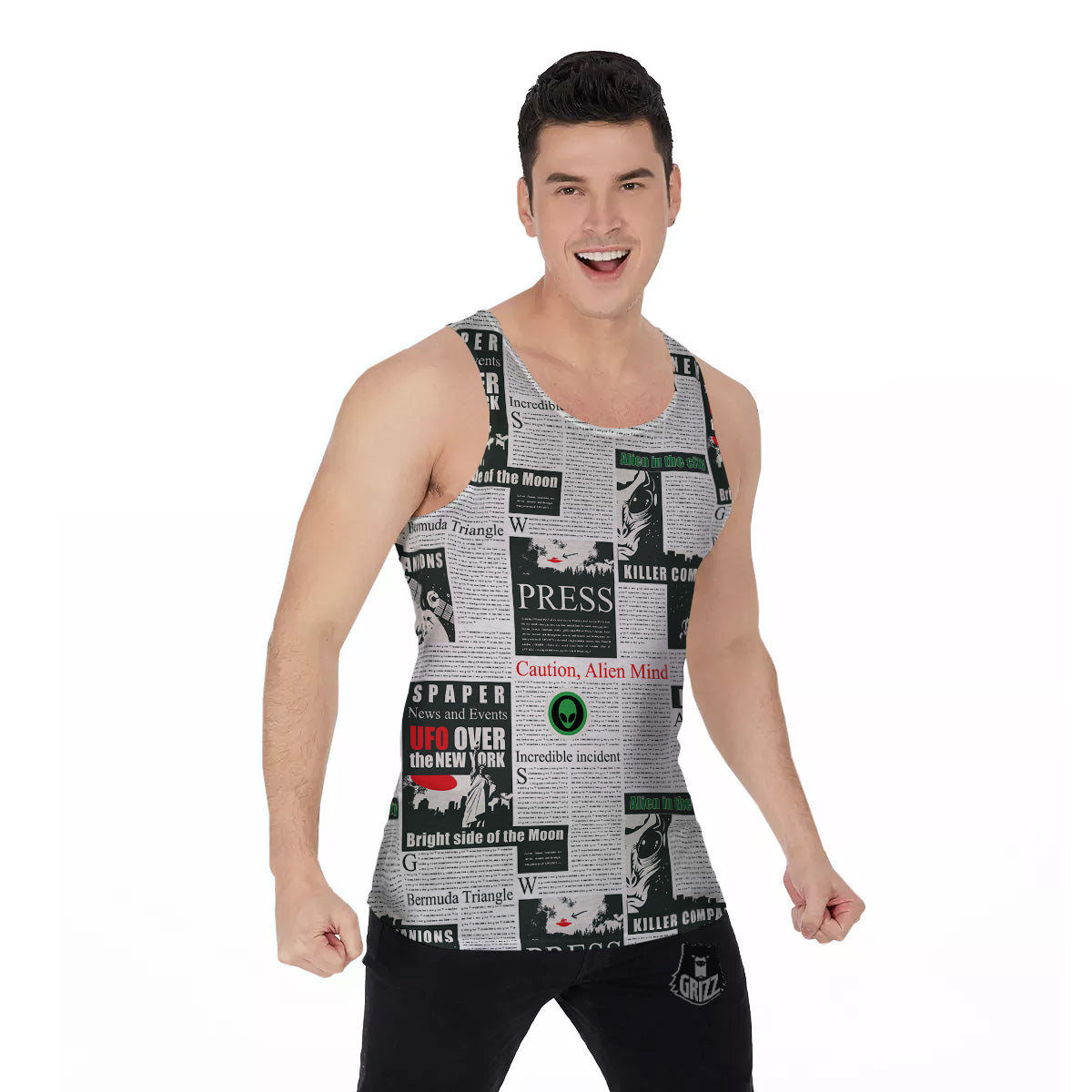 Newspaper Headlines Alien Print Pattern Men's Tank Top-grizzshop