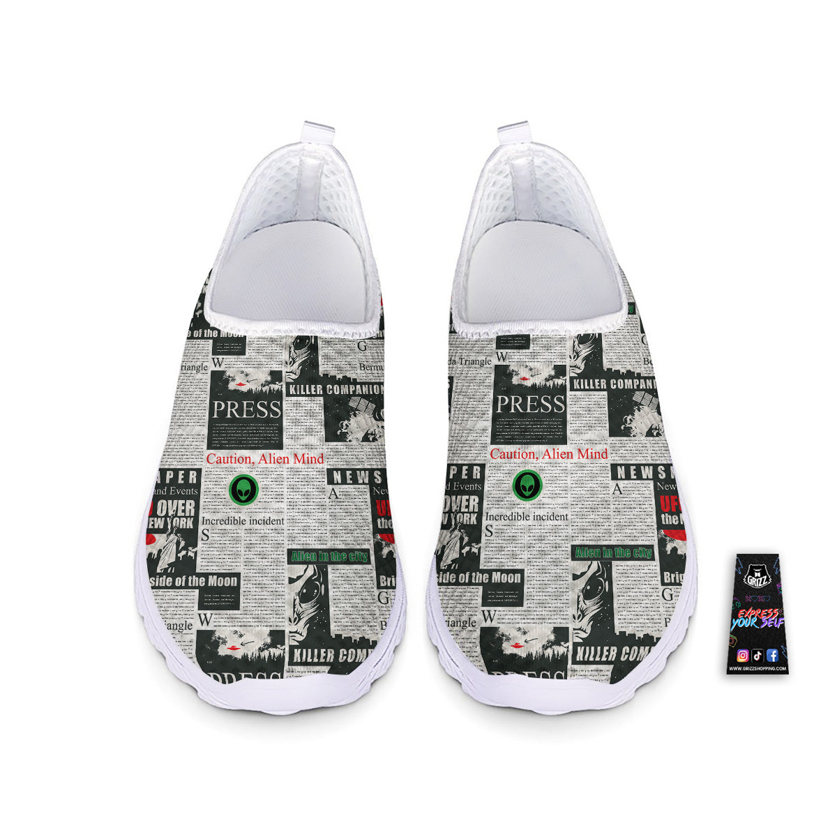 Newspaper Headlines Alien Print Pattern Nurse Shoes-grizzshop