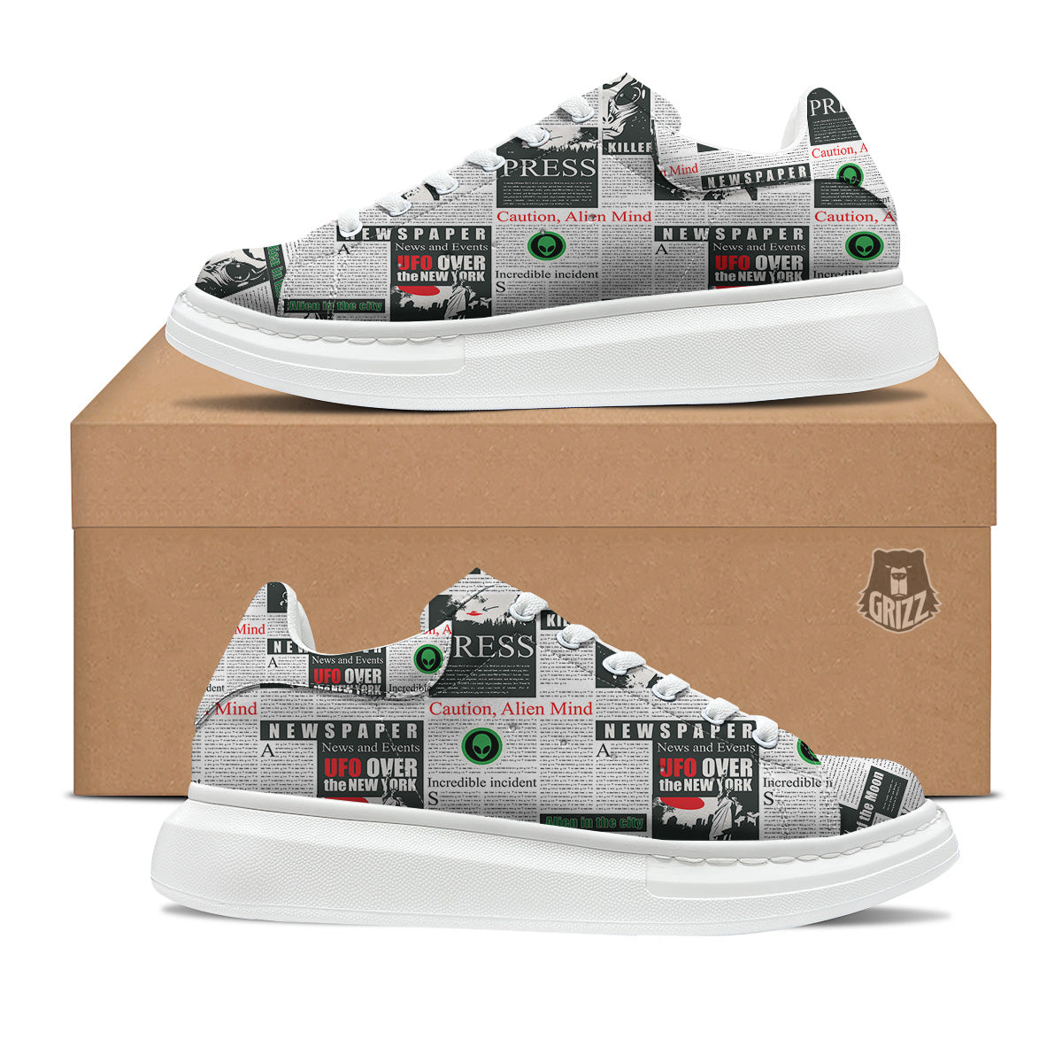 Newspaper Headlines Alien Print Pattern Platform Shoes-grizzshop