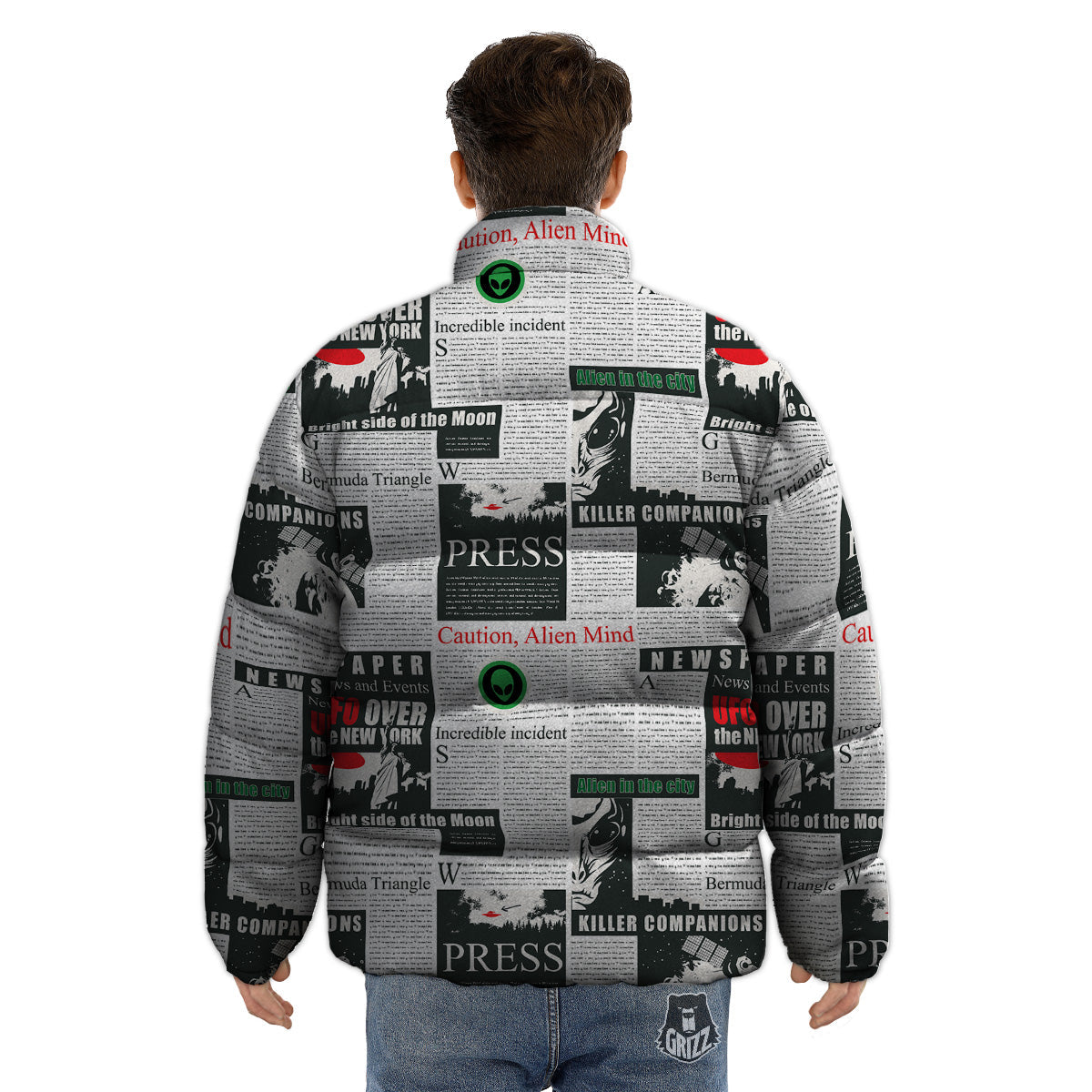 Newspaper Headlines Alien Print Pattern Puffer Jacket-grizzshop