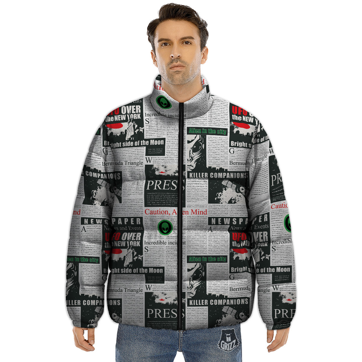 Newspaper Headlines Alien Print Pattern Puffer Jacket-grizzshop