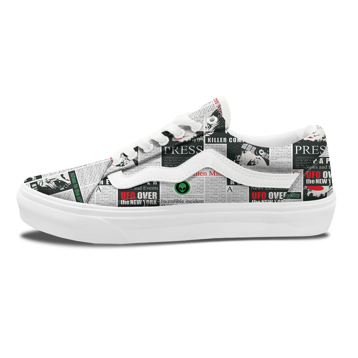 Newspaper Headlines Alien Print Pattern Skate Shoes-grizzshop