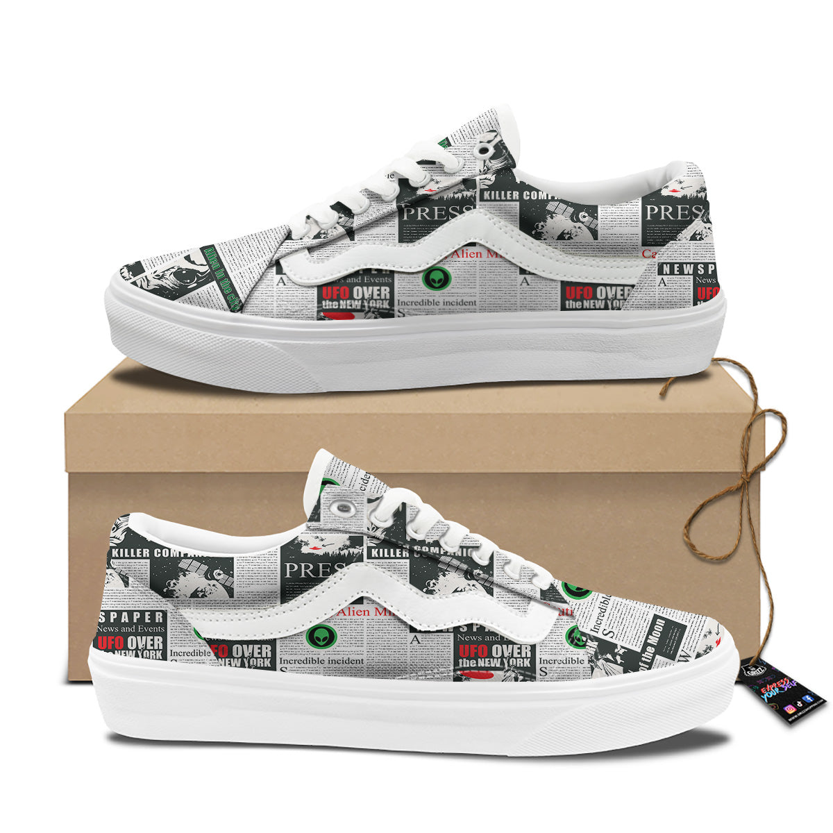 Newspaper Headlines Alien Print Pattern Skate Shoes-grizzshop