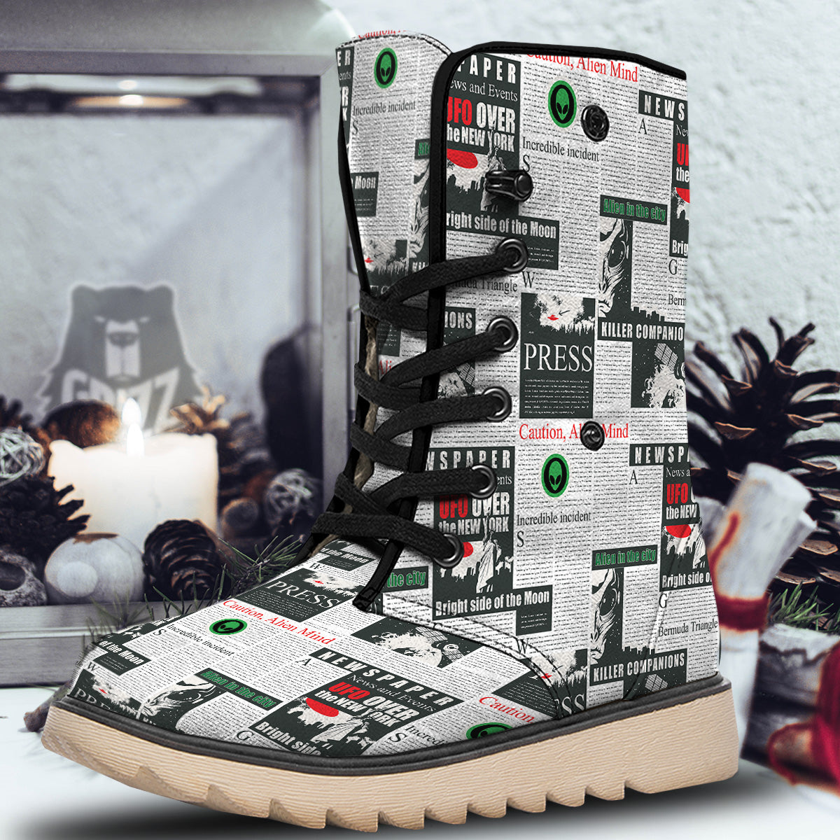 Newspaper Headlines Alien Print Pattern Snow Boots-grizzshop