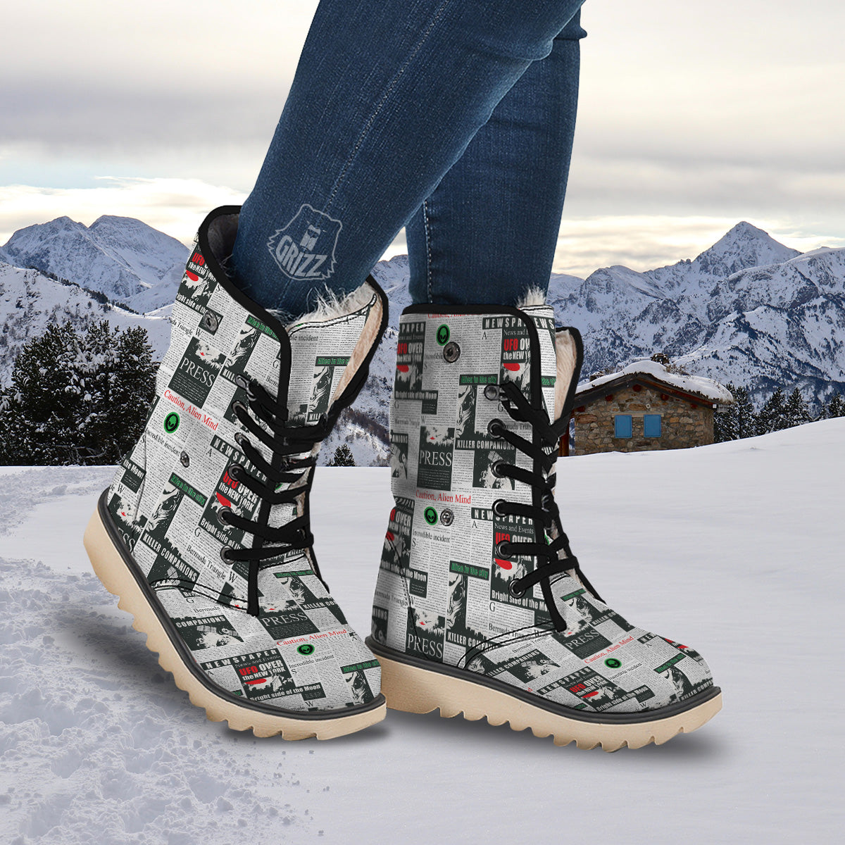 Newspaper Headlines Alien Print Pattern Snow Boots-grizzshop