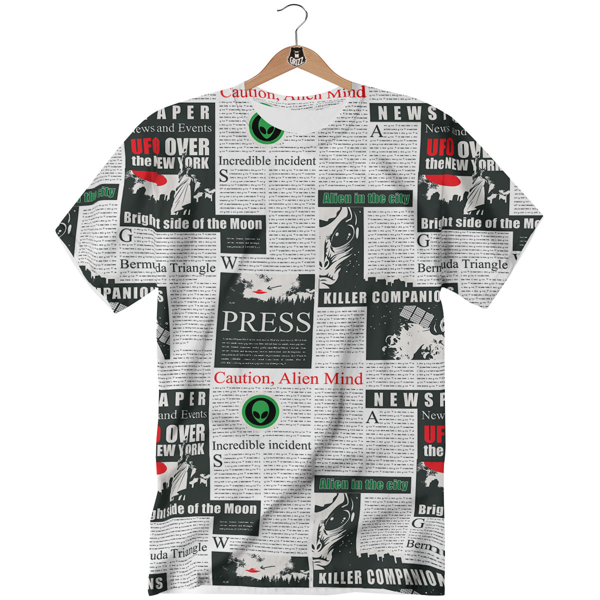Newspaper Headlines Alien Print Pattern T-Shirt-grizzshop