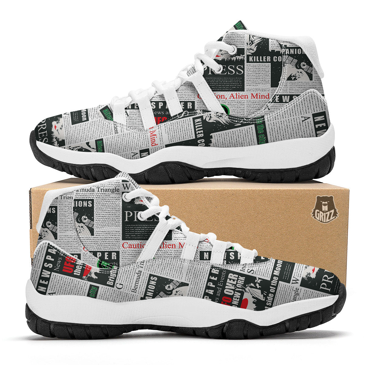 Newspaper Headlines Alien Print Pattern White Bball Shoes-grizzshop