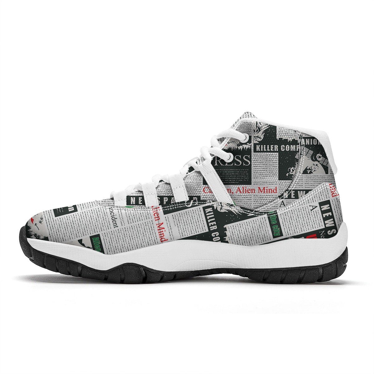 Newspaper Headlines Alien Print Pattern White Bball Shoes-grizzshop