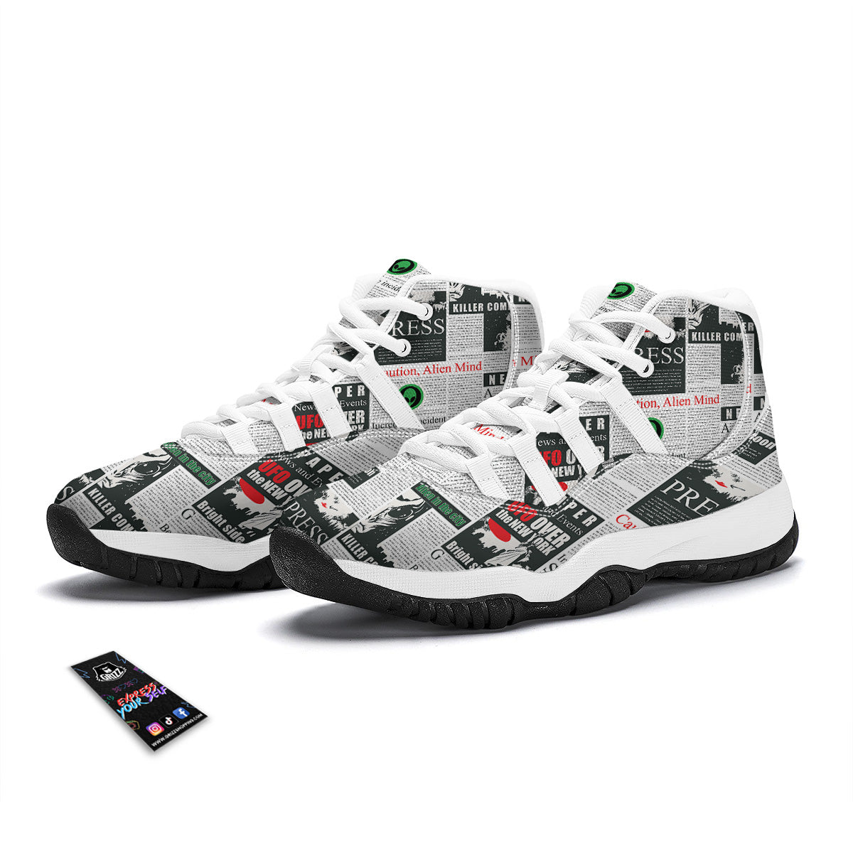Newspaper Headlines Alien Print Pattern White Bball Shoes-grizzshop