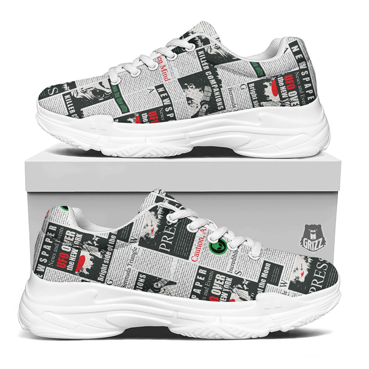 Newspaper Headlines Alien Print Pattern White Chunky Shoes-grizzshop