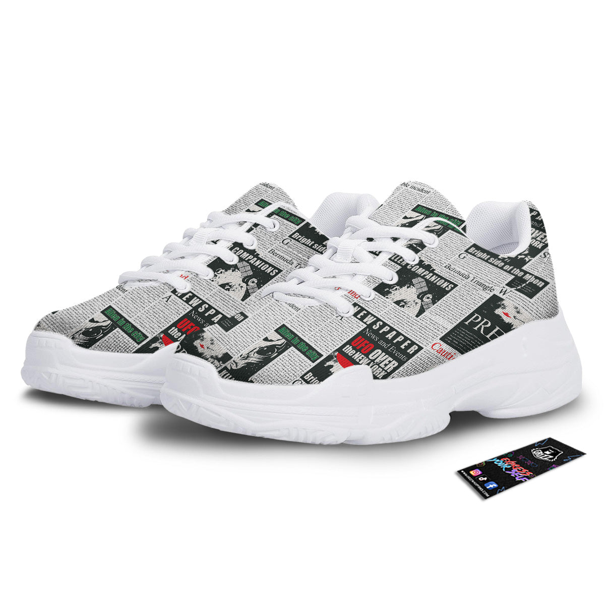 Newspaper Headlines Alien Print Pattern White Chunky Shoes-grizzshop