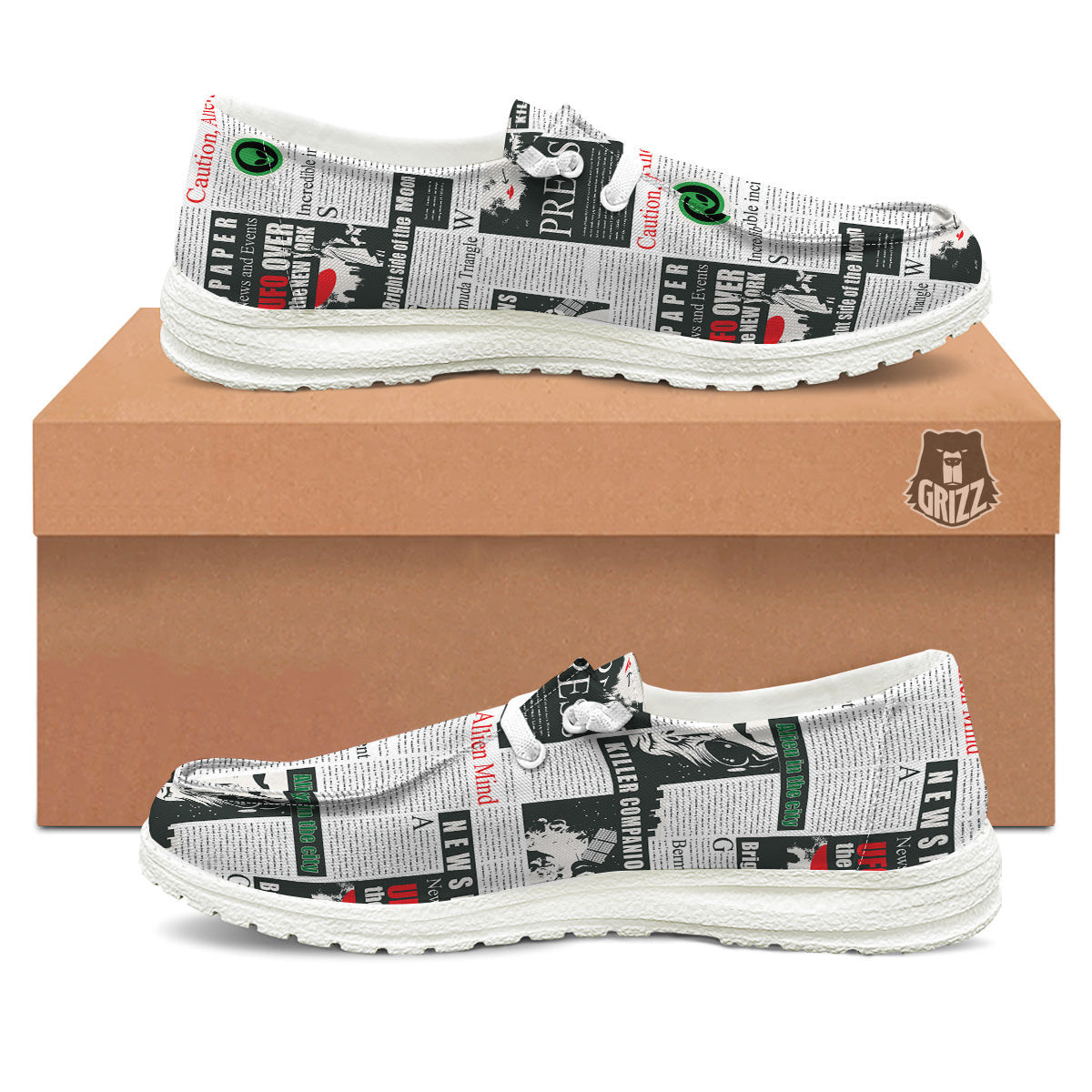 Newspaper Headlines Alien Print Pattern White Loafers-grizzshop