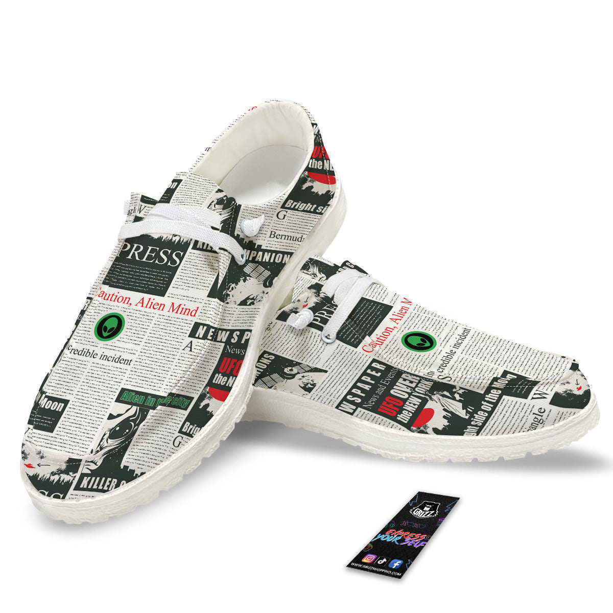 Newspaper Headlines Alien Print Pattern White Loafers-grizzshop