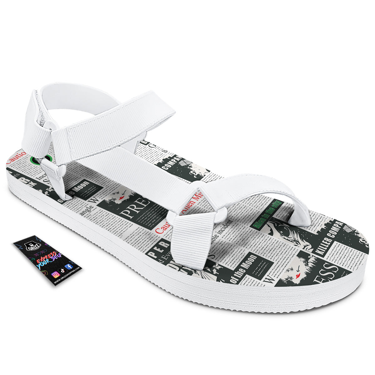 Newspaper Headlines Alien Print Pattern White Open Toe Sandals-grizzshop