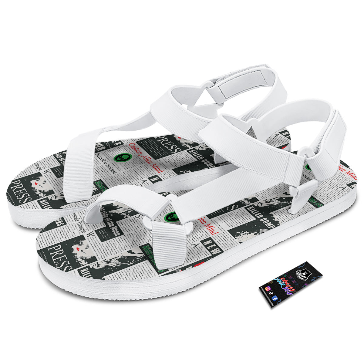 Newspaper Headlines Alien Print Pattern White Open Toe Sandals-grizzshop