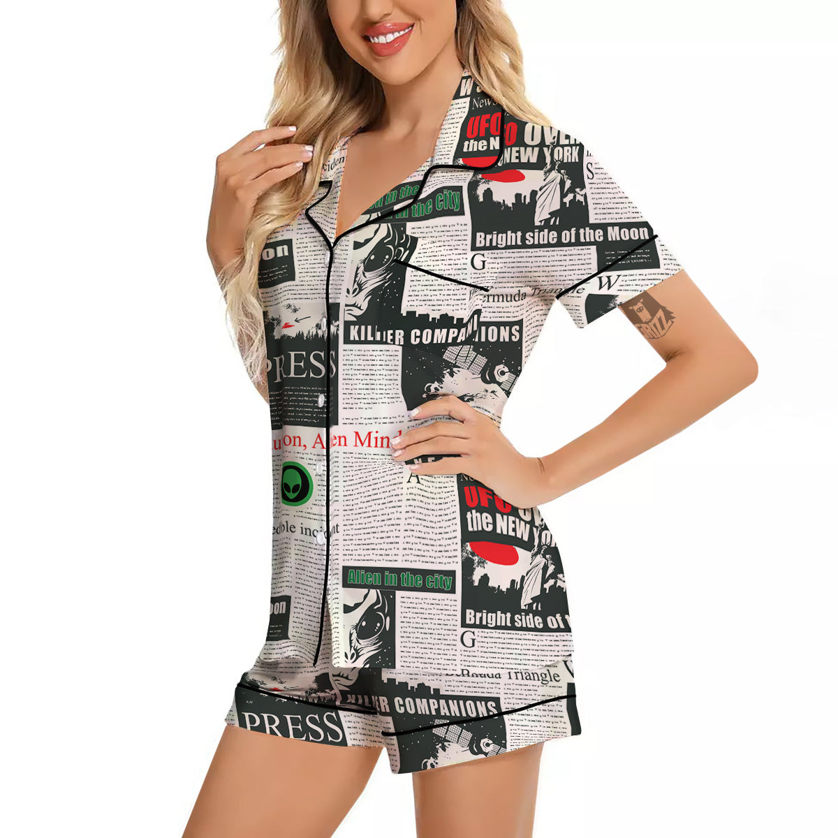 Newspaper Headlines Alien Print Pattern Women Silk Pajamas-grizzshop