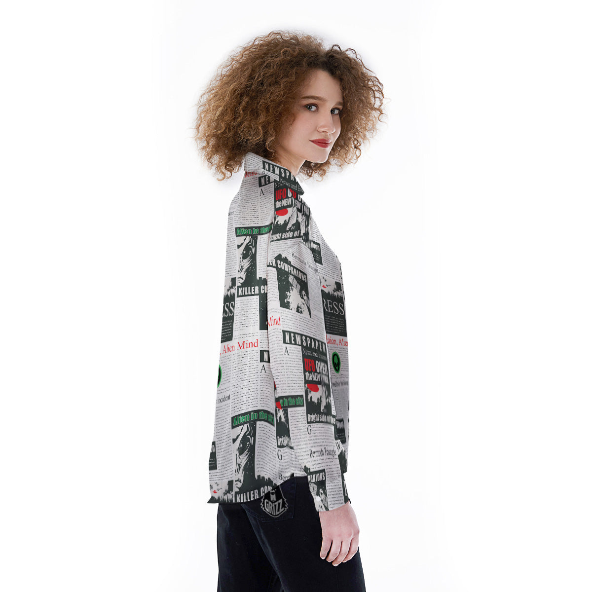 Newspaper Headlines Alien Print Pattern Women's Long Sleeve Shirts-grizzshop