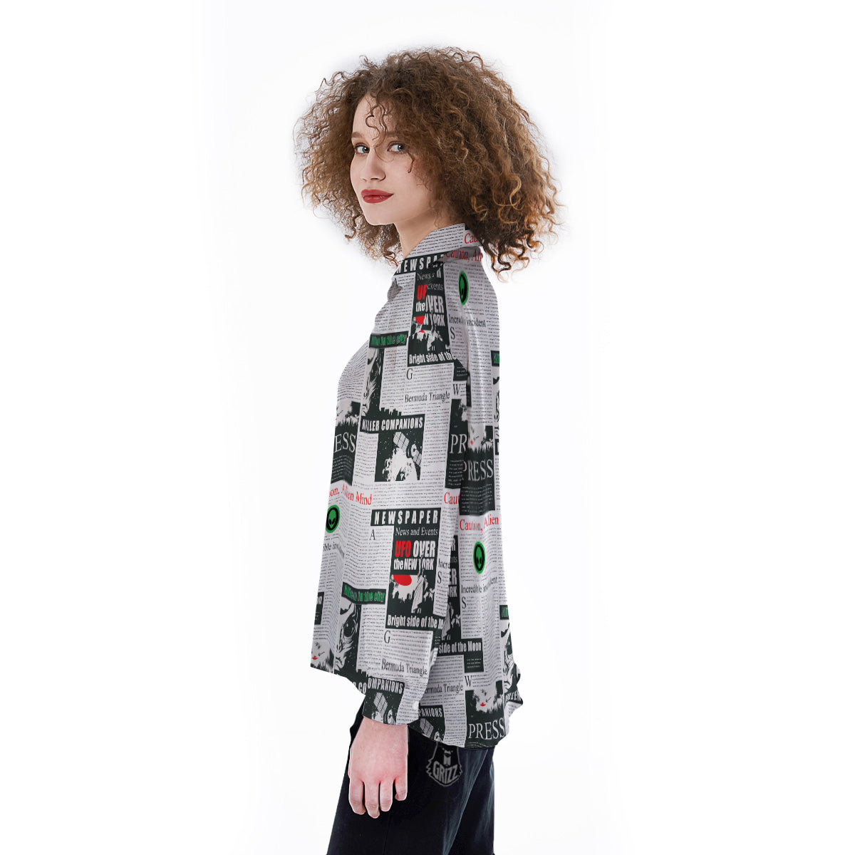 Newspaper Headlines Alien Print Pattern Women's Long Sleeve Shirts-grizzshop