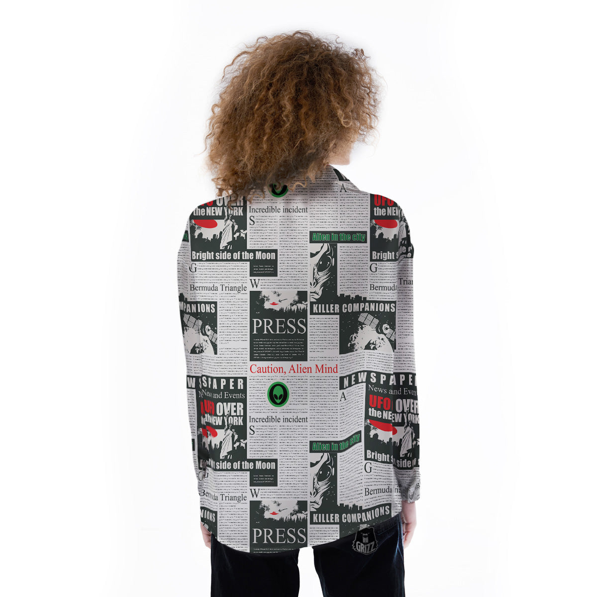 Newspaper Headlines Alien Print Pattern Women's Long Sleeve Shirts-grizzshop
