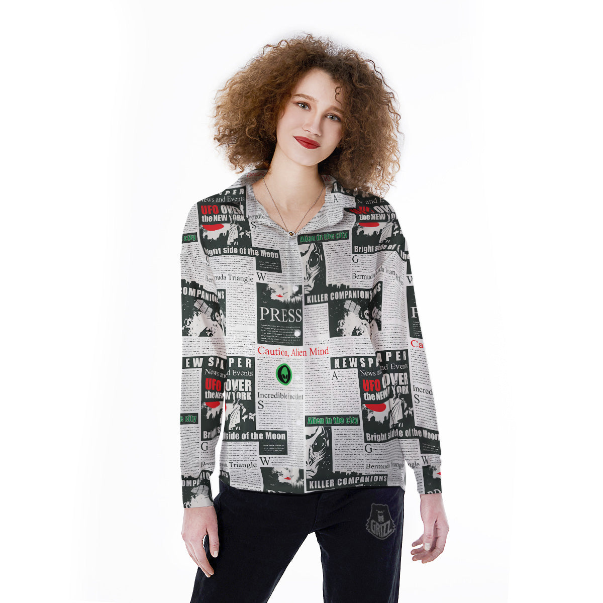 Newspaper Headlines Alien Print Pattern Women's Long Sleeve Shirts-grizzshop