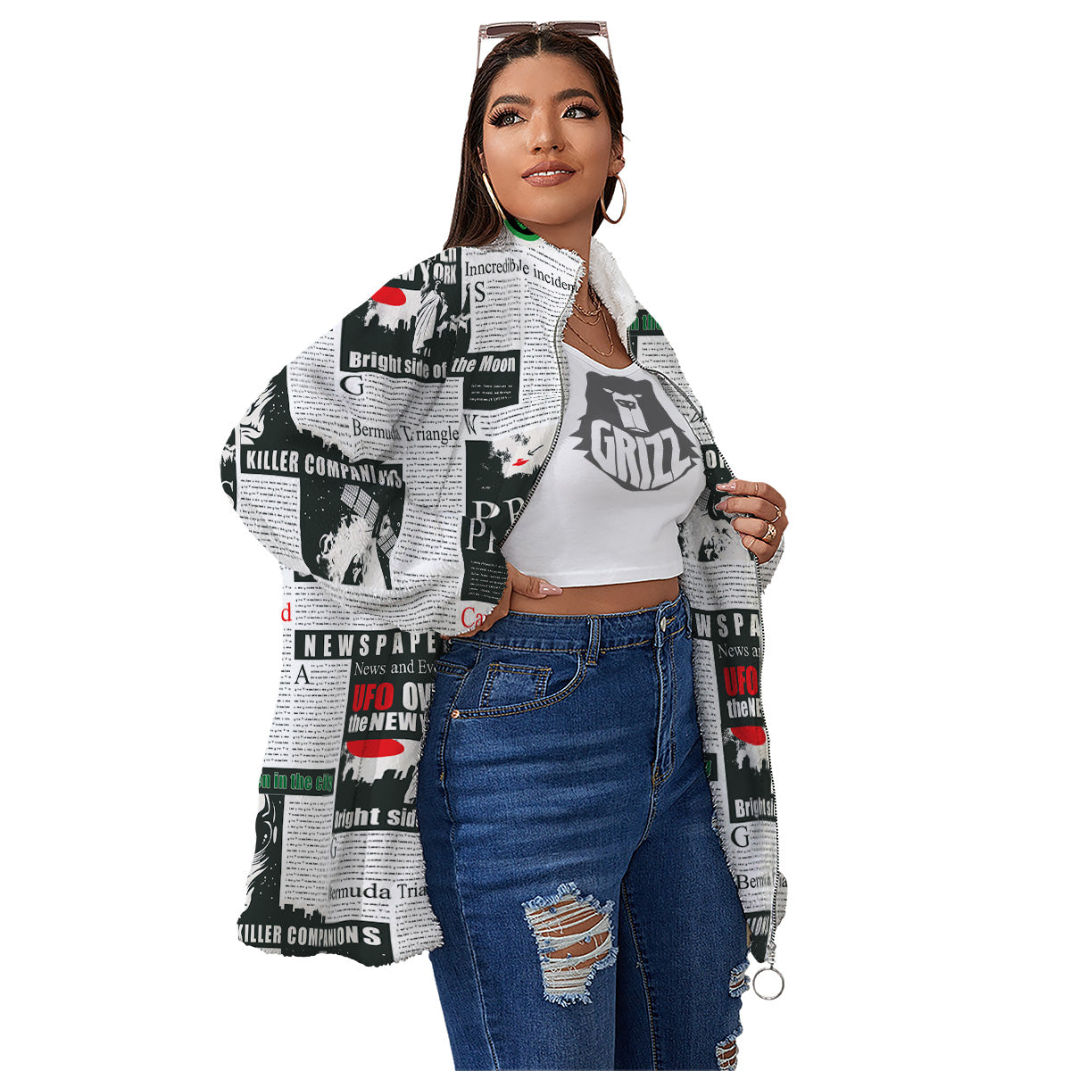 Newspaper Headlines Alien Print Pattern Women's Sherpa Jacket-grizzshop