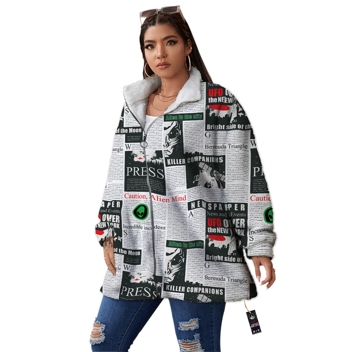 Newspaper Headlines Alien Print Pattern Women's Sherpa Jacket-grizzshop