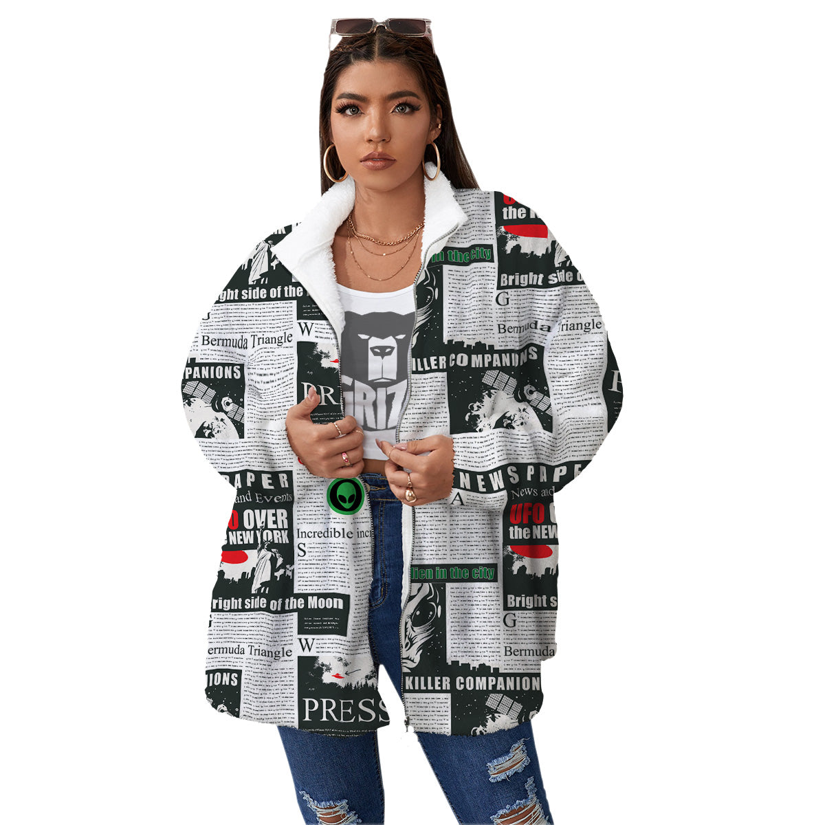 Newspaper Headlines Alien Print Pattern Women's Sherpa Jacket-grizzshop