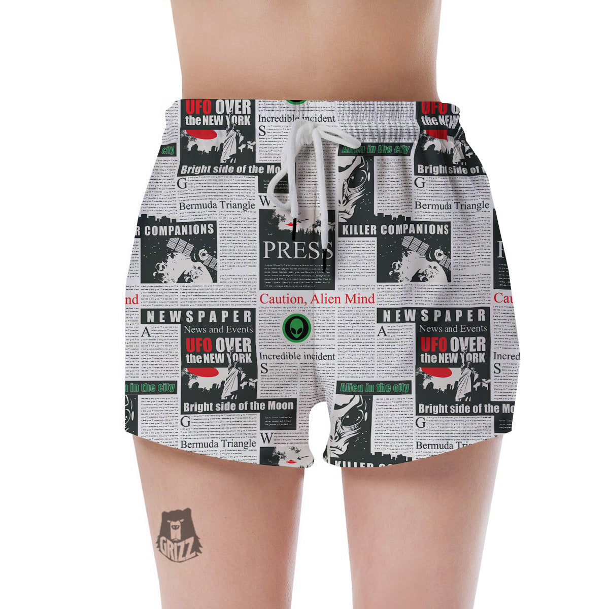 Newspaper Headlines Alien Print Pattern Women's Shorts-grizzshop