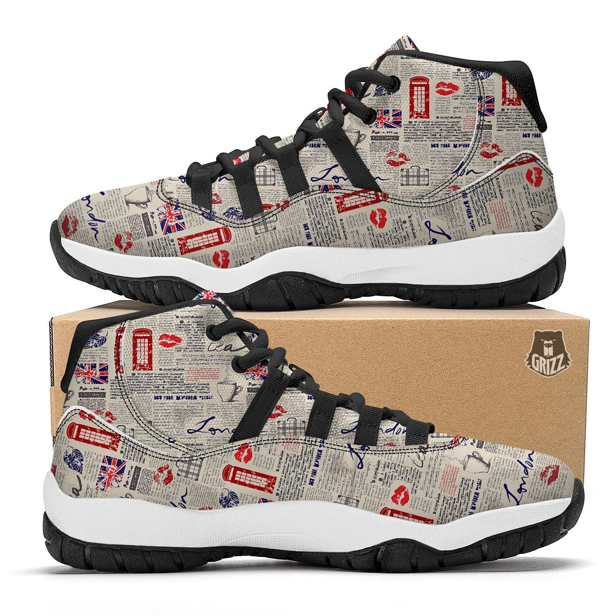 Newspaper Pattern Print Black Bball Shoes-grizzshop