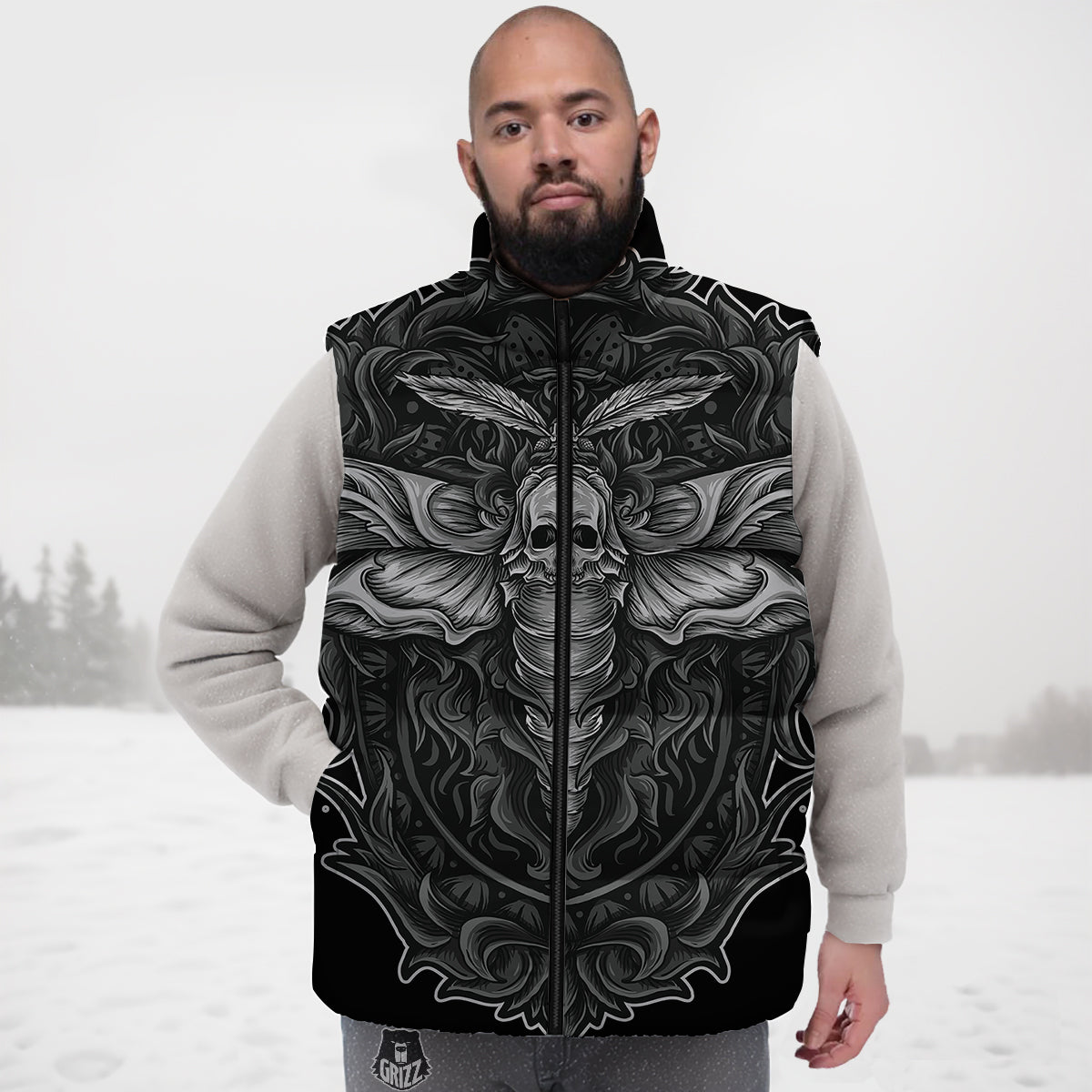 Newspaper Pattern Print Down Vest-grizzshop