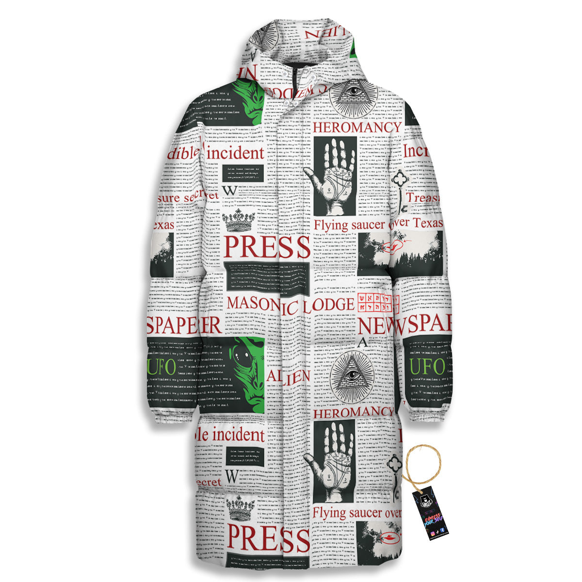 Newspaper Aliens Topic Print Pattern Long Down Jacket