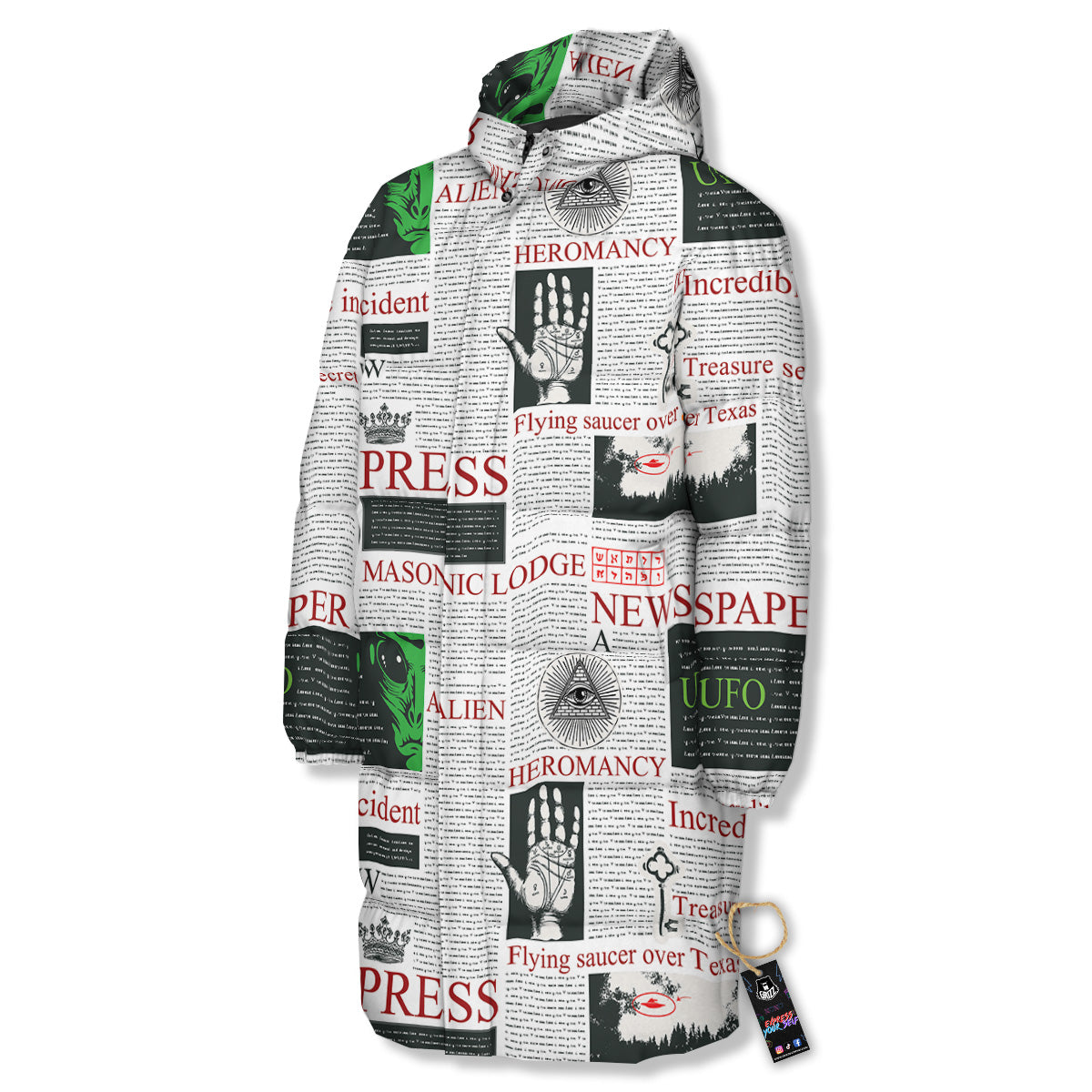 Newspaper Aliens Topic Print Pattern Long Down Jacket
