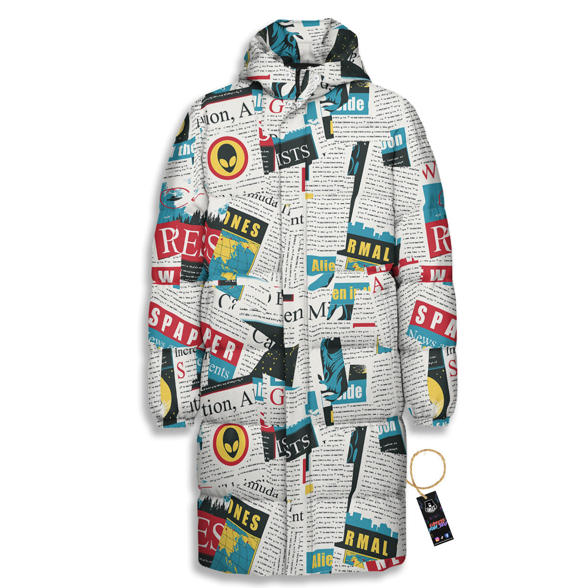 Newspaper Clippings On Aliens Topic Colorful Print Pattern Long Down Jacket