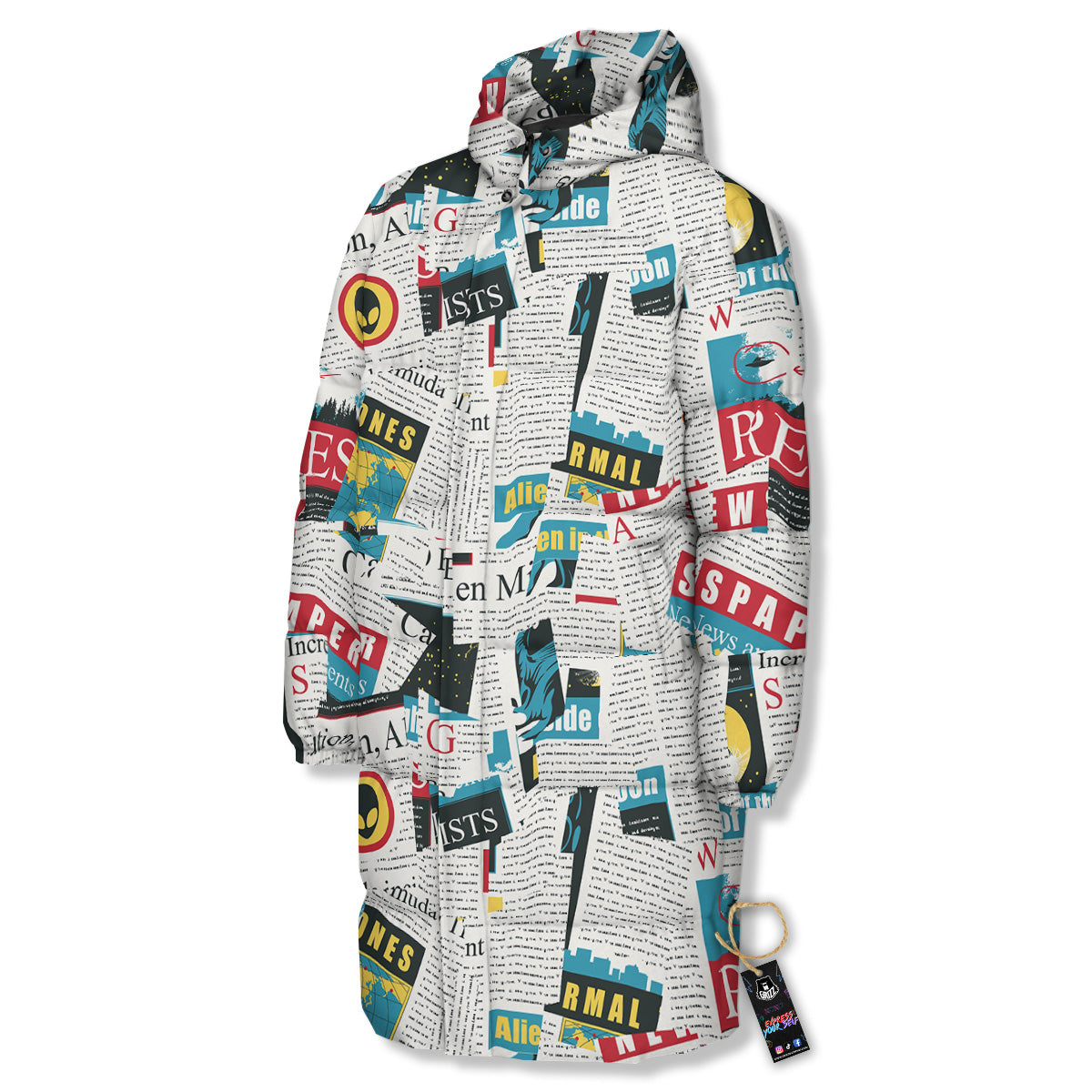 Newspaper Clippings On Aliens Topic Colorful Print Pattern Long Down Jacket