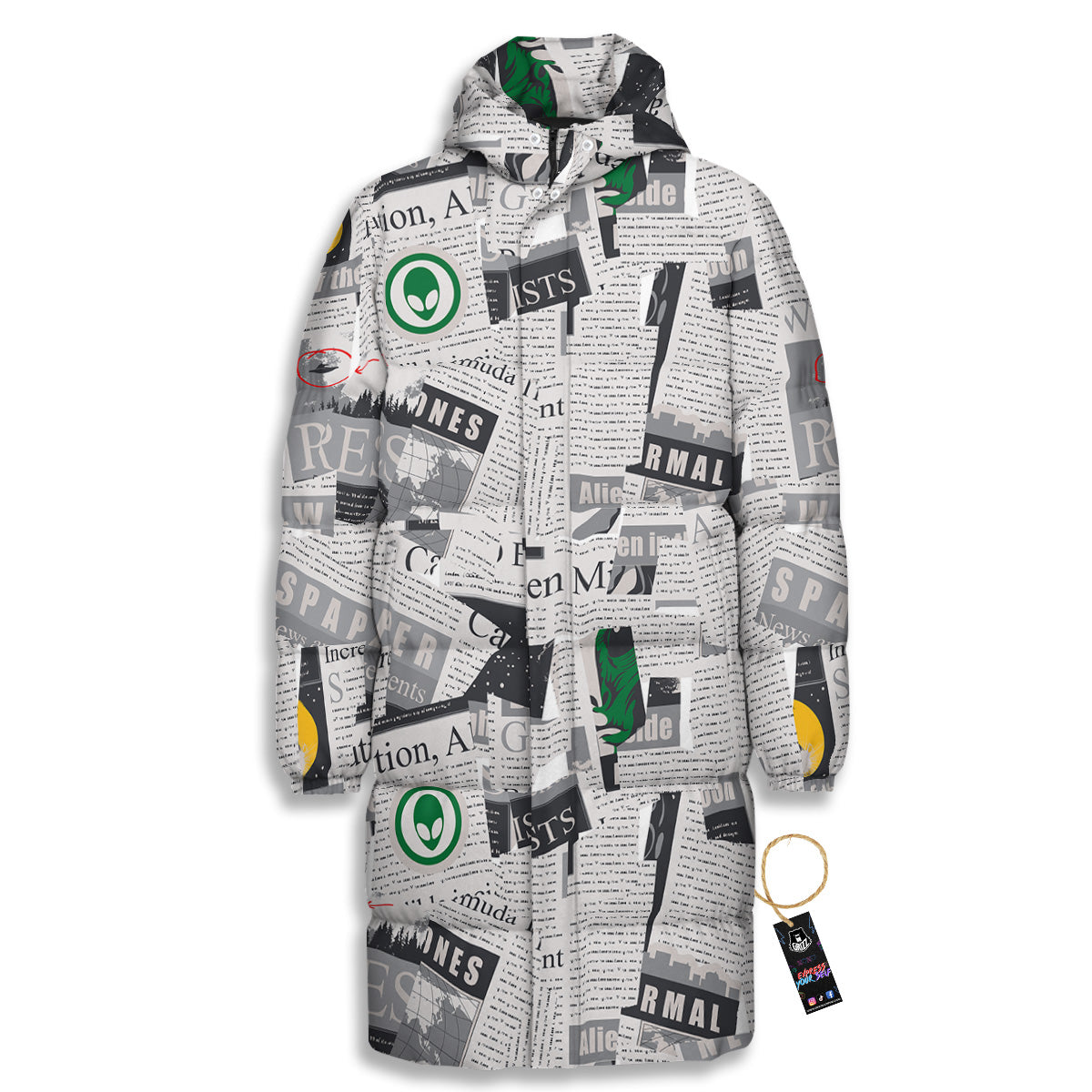 Newspaper Clippings On Aliens Topic Print Pattern Long Down Jacket