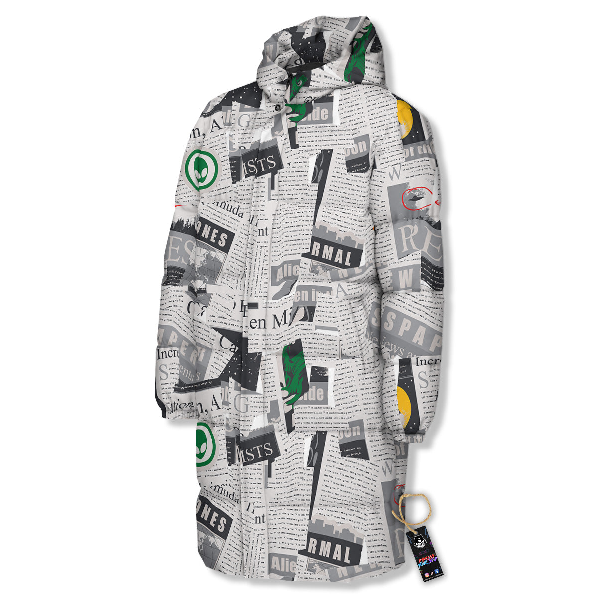 Newspaper Clippings On Aliens Topic Print Pattern Long Down Jacket