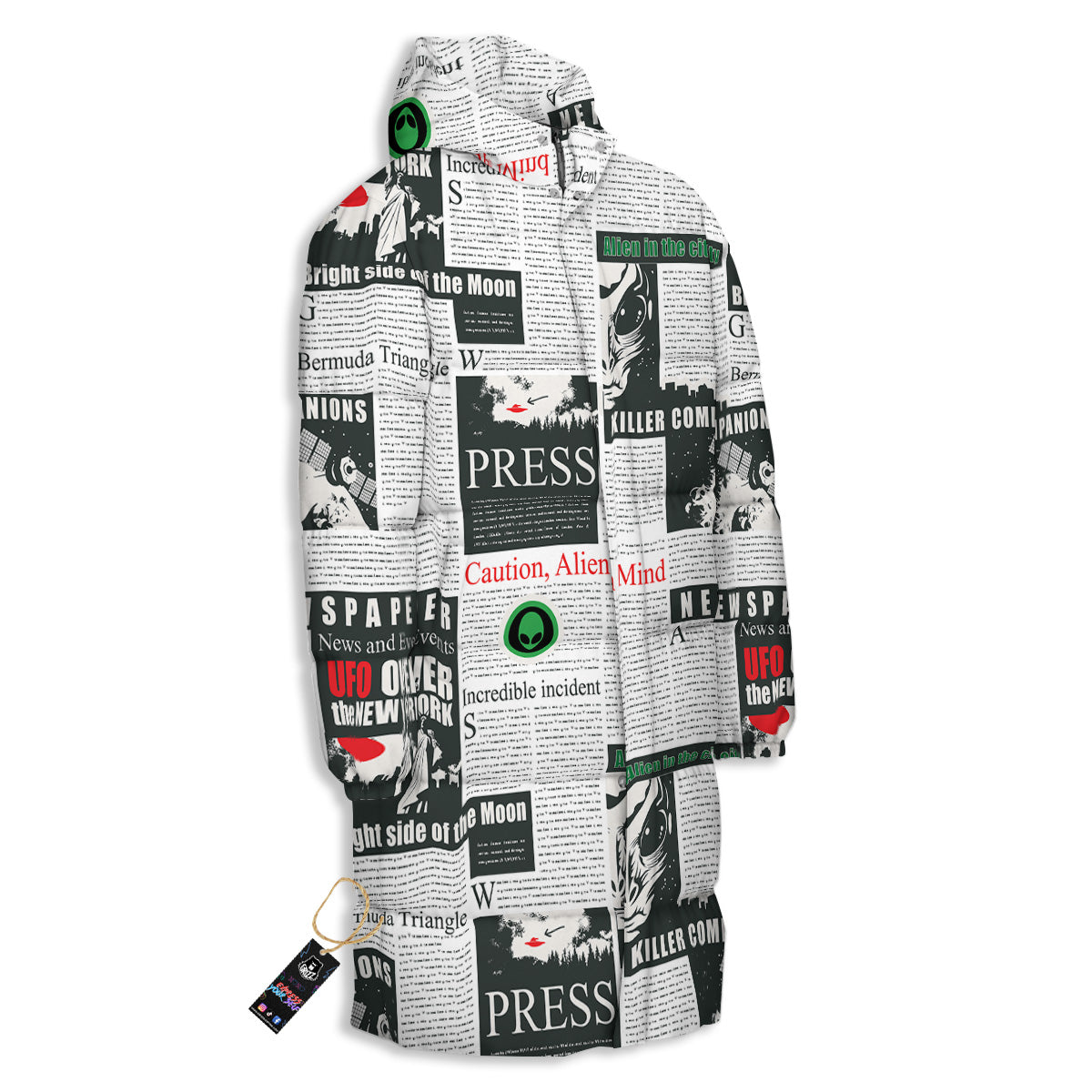 Newspaper Headlines Alien Print Pattern Long Down Jacket