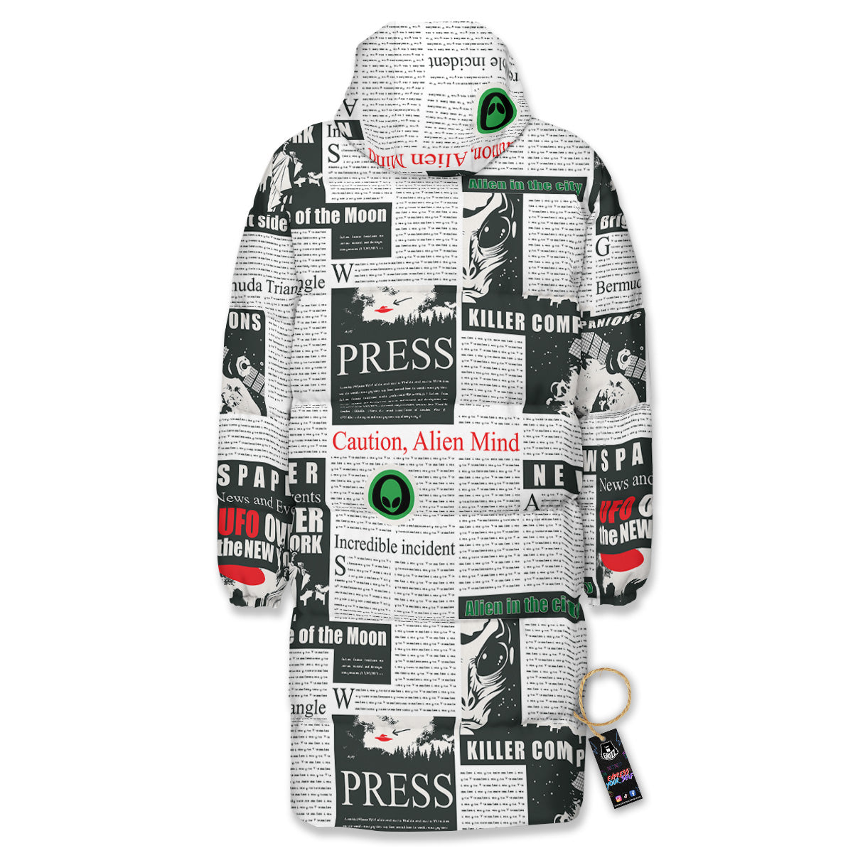 Newspaper Headlines Alien Print Pattern Long Down Jacket