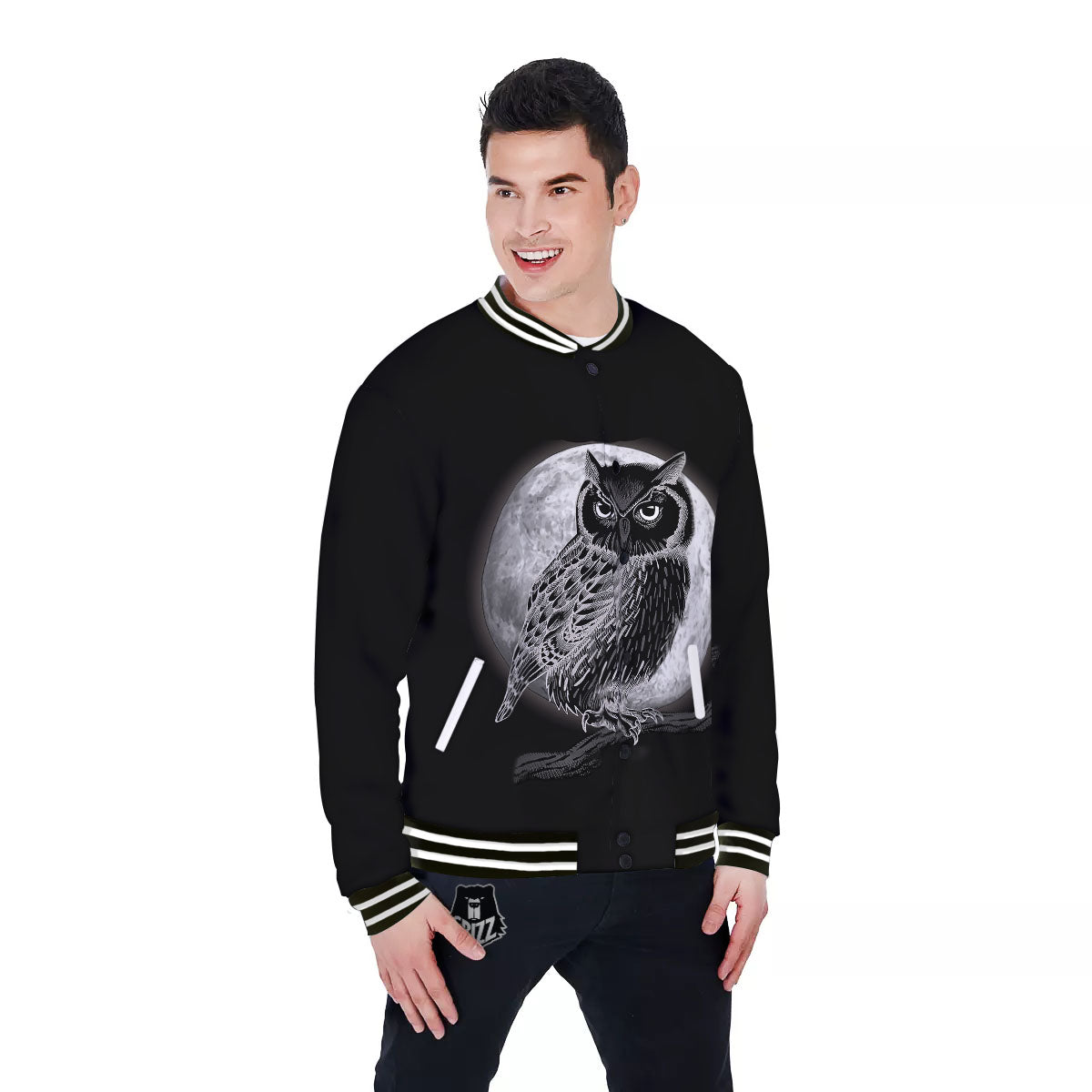Night Owl Full Moon Print Baseball Jacket-grizzshop