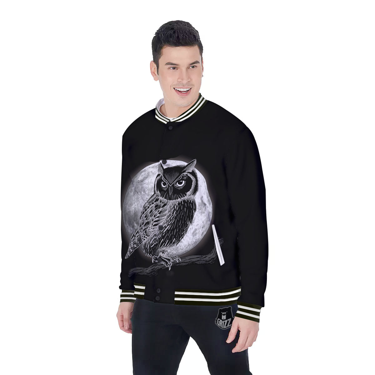 Night Owl Full Moon Print Baseball Jacket-grizzshop