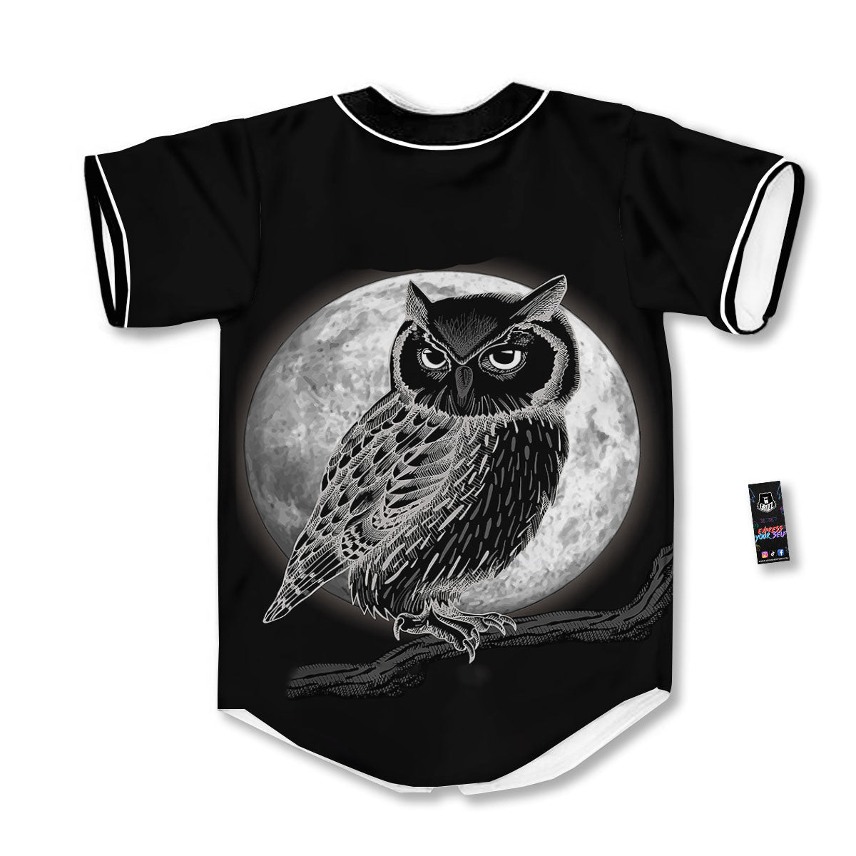 Night Owl Full Moon Print Baseball Jersey-grizzshop
