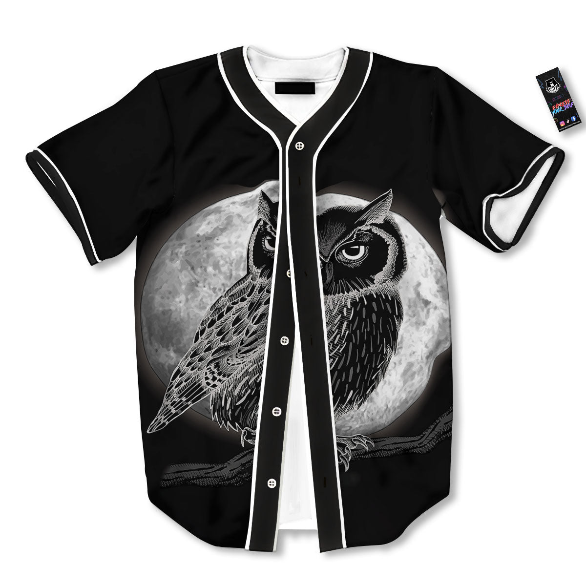 Night Owl Full Moon Print Baseball Jersey-grizzshop