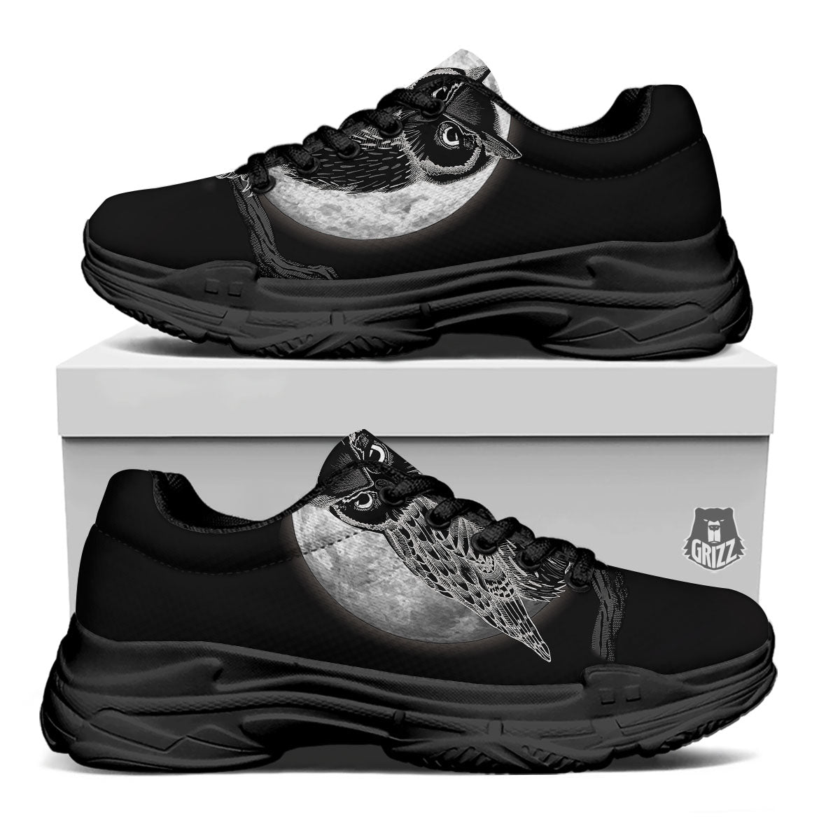 Night Owl Full Moon Print Black Chunky Shoes-grizzshop