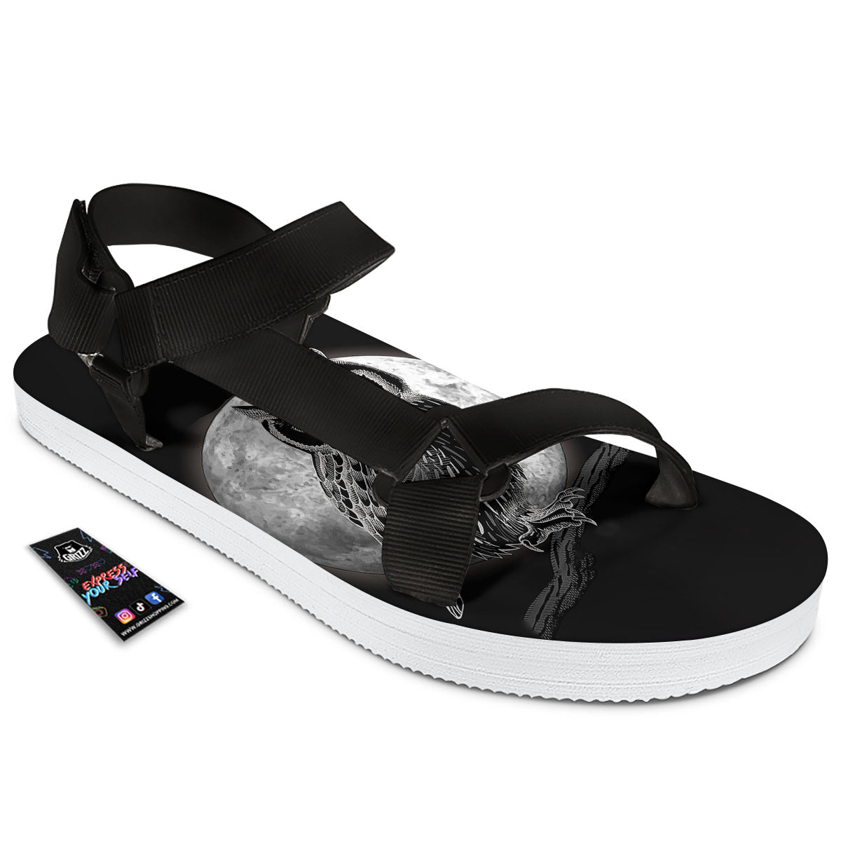 Night Owl Full Moon Print Black Open Toe Sandals-grizzshop